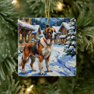 Vintage Saint Bernard Alpen-Weihnachtsgemälde Keramikornament