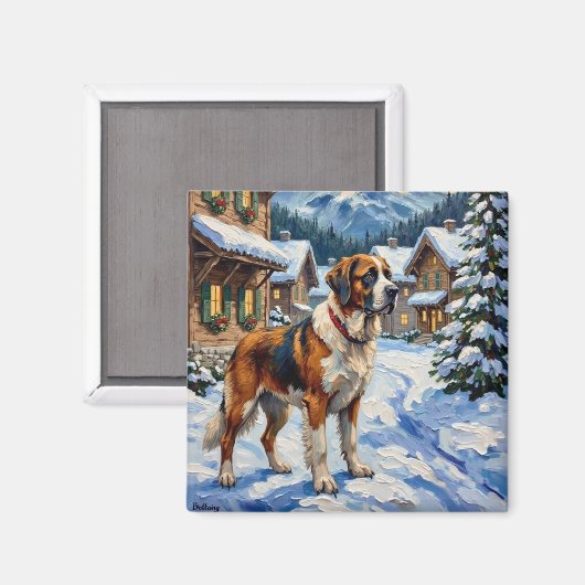 Vintage Saint Bernard Alpine Christmas Painting Magnet (Vorderseite/Rückseite)