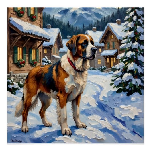 Vintage Saint Bernard Alpine Christmas Painting Poster (Vorderseite)