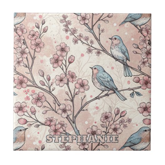 Vintage Sakura Cherry Blossom & Bird Ästhetik 5 Fliese (Vorderseite)