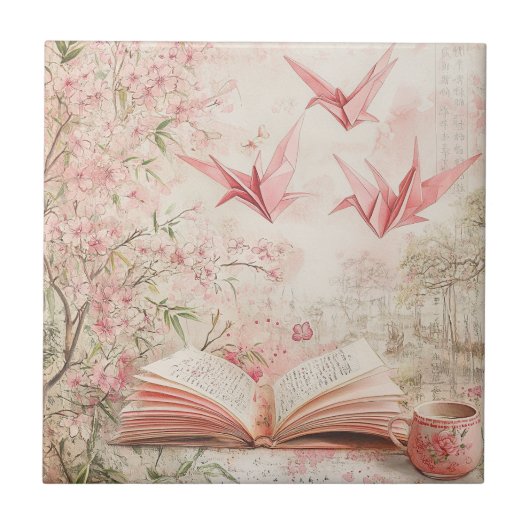 Vintage Sakura Origami Serenity (1) Fliese (Vorderseite)