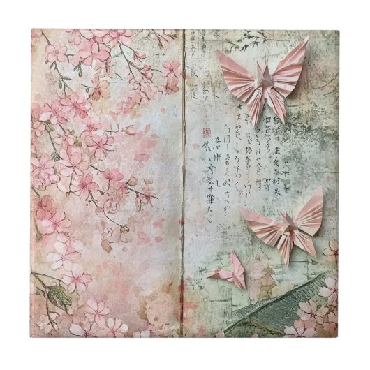Vintage-Sakura-Schmetterlings-Collage Fliese (Vorderseite)
