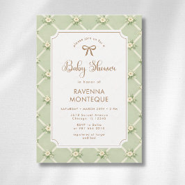 Vintage-Salbei-Blumen-Diagonale-Gold-Schleife-Baby Einladung