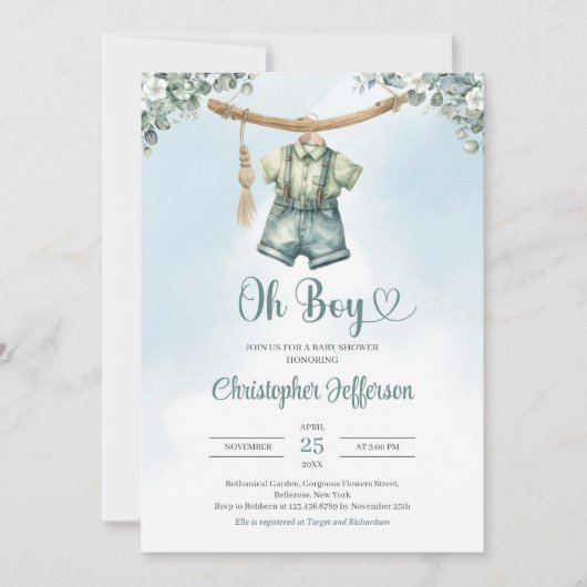 Vintage Salbei-Eukalyptus-Kinderkleidung Einladung (Vorderseite)