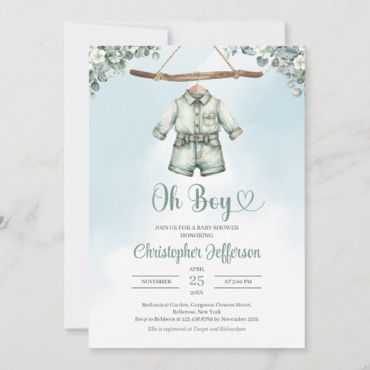 Vintage Salbei-Eukalyptus-Kinderkleidung Einladung (Vorderseite)