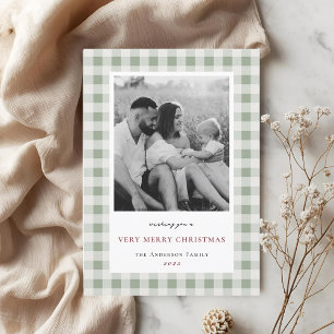 Vintage-Salbei-Gingham-Doppelseitige Familienfoto Feiertagskarte