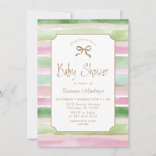 Vintage Salbei-Pfirsich-Rosa-Gestreifte Gold-Baby- Einladung