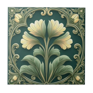 Vintage Salbeigrün Art Nouveau Floral Fliese