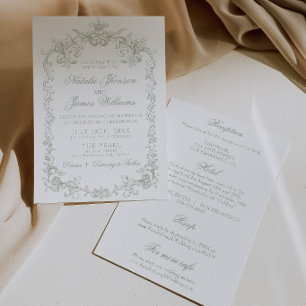 Vintage Salbeigrün Old Money All-in-One-Hochzeit Einladung