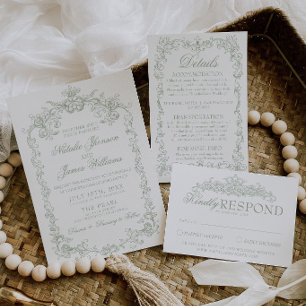 Vintage Salbeigrün Old Money stilvolle Hochzeit Einladung