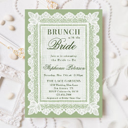Vintage Salbeigrün Weiße Spitze Brautparty-Brunch Einladung