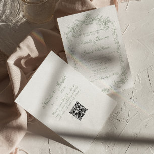 Vintage Salbeigrüne Old Money QR Code Hochzeit Einladung