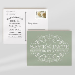 Vintage Salbeigrüne Scrollwork Save-the-Date-Karte Ankündigungspostkarte