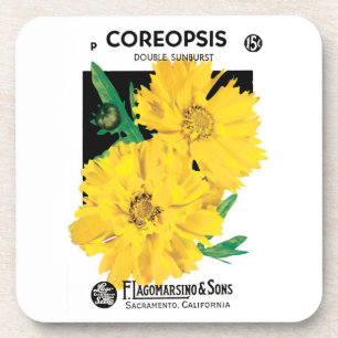Vintage-Samenpaket-Kunst, Gelbe Coreopsis-Blumen Getränkeuntersetzer