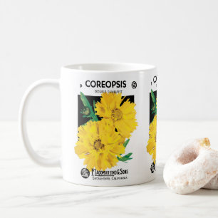 Vintage-Samenpaket-Kunst, gelbe Coreopsis-Blumen Kaffeetasse