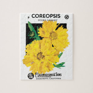 Vintage-Samenpaket-Kunst, Gelbe Coreopsis-Blumen Puzzle