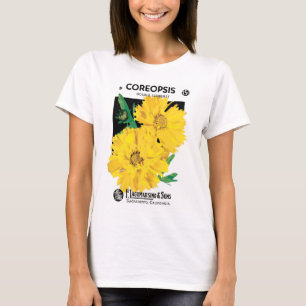 Vintage-Samenpaket-Kunst, gelbe Coreopsis-Blumen T-Shirt