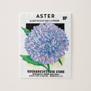 Vintage-Samenpaket-Kunst, violette Aster-Blumen Puzzle
