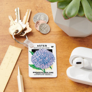 Vintage-Samenpaket-Kunst, violette Aster-Blumen Schlüsselanhänger