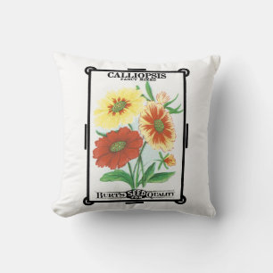 Vintage-Samenpaket-Label-Kunst, Calliopsis-Blumen Kissen