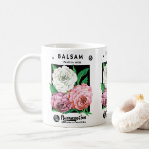 Vintage-Samenpaket-Label-Kunst, Kamelien-Blumen Kaffeetasse