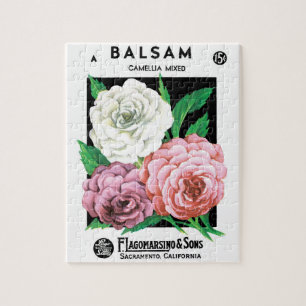 Vintage-Samenpaket-Label-Kunst, Kamelienblüten Puzzle