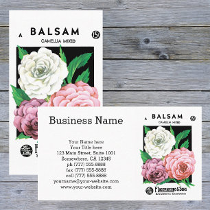 Vintage-Samenpaket-Label-Kunst, Kamelienblüten Visitenkarte