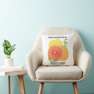 Vintage-Samenpaket-Label-Kunst, Ringelblumen Kissen