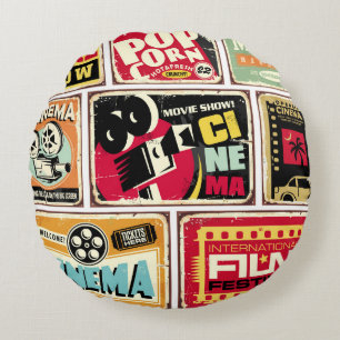 Vintage Sammlung von Kinozinnschildern. Filmbranch Rundes Kissen