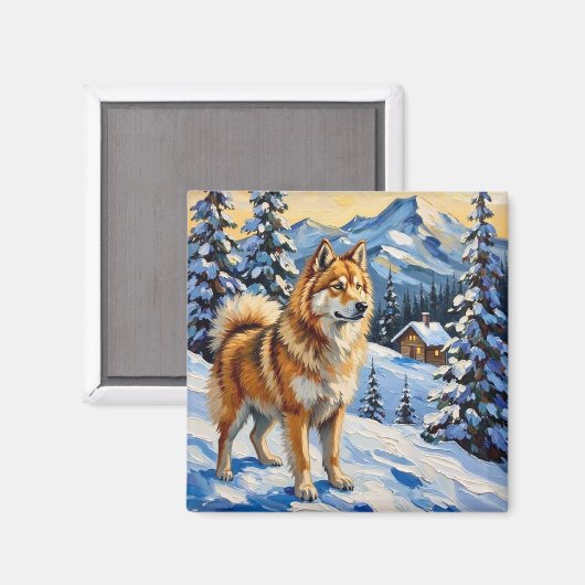 Vintage Samoyed in Alpine Christmas Landscape Magnet (Vorderseite/Rückseite)