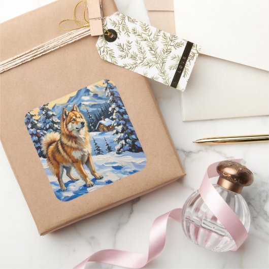 Vintage Samoyed in Alpine Christmas Landscape Quadratischer Aufkleber (Schenken)