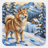 Vintage Samoyed in Alpine Christmas Landscape Quadratischer Aufkleber (Vorderseite)