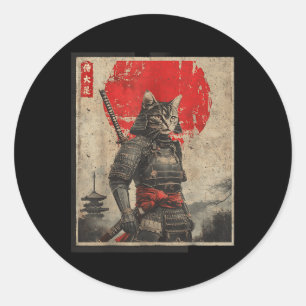 Vintage-Samurai-Katze Japanische Grafik-T-Shirts H Runder Aufkleber