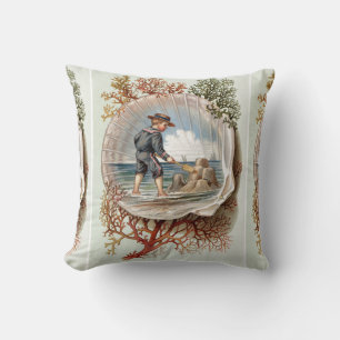 Vintage Sandburg kleiner Junge Strand Szene Kissen