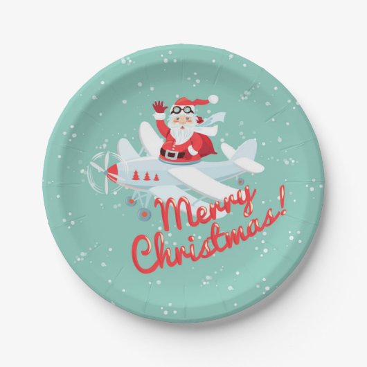 Vintage Sankt, Flugzeug frohe Weihnachten Pappteller (Vorderseite)