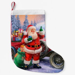 Vintage Sankt mit klassischem Auto Kleiner Weihnachtsstrumpf