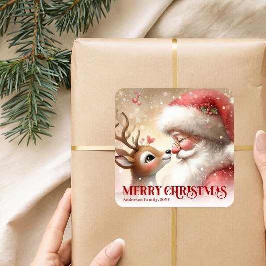 Vintage Santa and Rudolph Personalized Holiday Quadratischer Aufkleber
