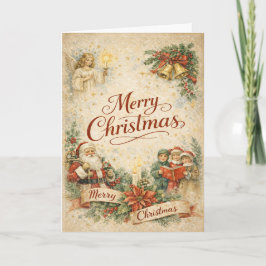 Vintage Santa Angel and Carolers Merry Christmas Feiertagskarte