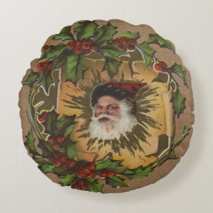 Vintage Santa Antik Weihnachten Stechpalme Rundes Kissen