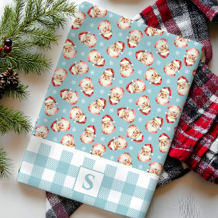 Vintage Santa Blau kariert monogrammiert Weihnacht Geschirrtuch