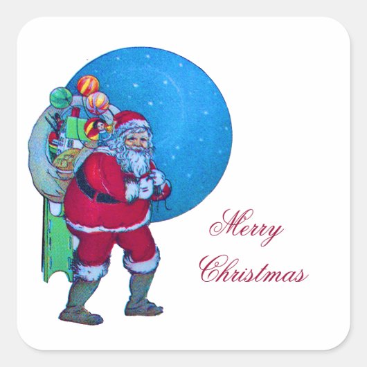 VINTAGE SANTA, CHRISTMAS SACK, SPIELZEUGE IM STARR QUADRATISCHER AUFKLEBER (Vorderseite)