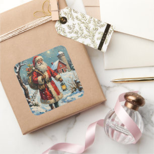 Vintage Santa Claus auf einem schneebedeckten Baue Quadratischer Aufkleber