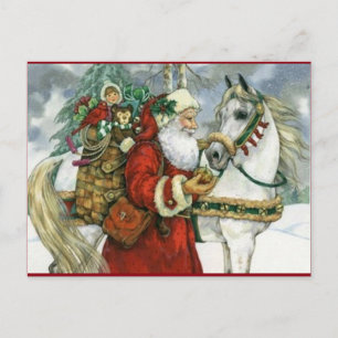 Vintage Santa Claus füttert sein weißes Pferd Feiertagspostkarte