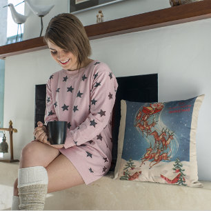 Vintage Santa Claus Sleigh and Reindeer Flying Kissen