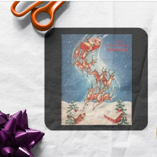 Vintage Santa Claus Sleigh and Reindeer Flying Quadratischer Aufkleber