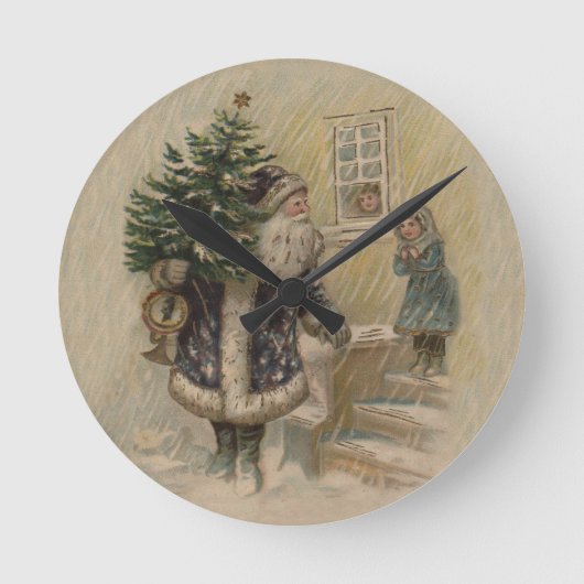 Vintage Santa in Snow Runde Wanduhr (Vorderseite)