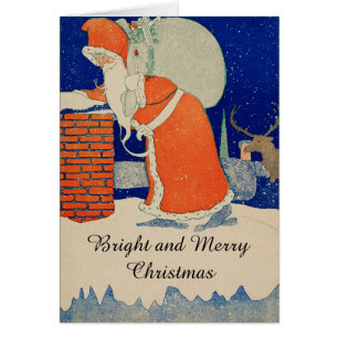 VINTAGE SANTA MIT GESCHENKENSACK BEI CHIMNEY