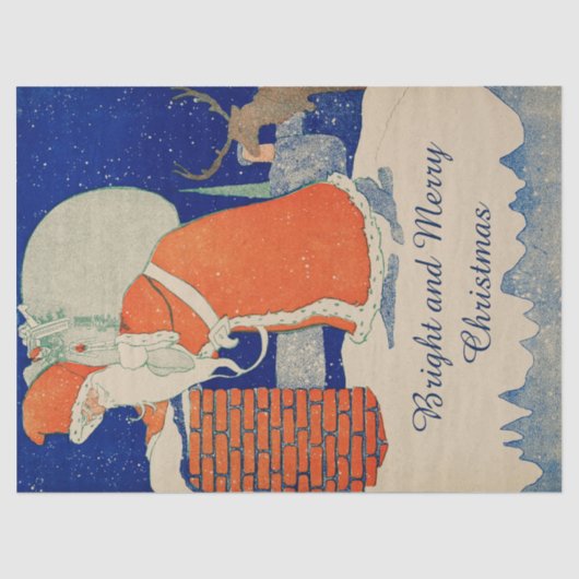 VINTAGE SANTA MIT GESCHENKENSACK BEI CHIMNEY SEIDENPAPIER (Vorderseite)
