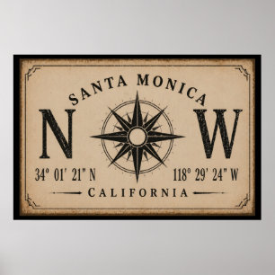 Vintage Santa Monica Kalifornien Koordinaten Poster