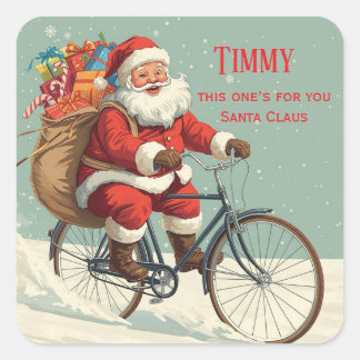 Vintage Santa on Bicycle – Personalized Christmas Quadratischer Aufkleber
